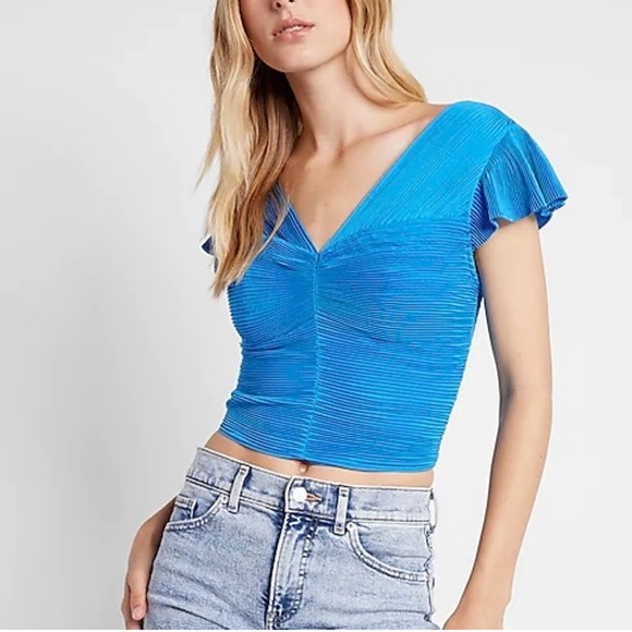 Express Tops - Express Pleated Flutter Sleeve Crop Top